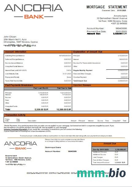 Cypr Bank Ancoria wyciąg z kredytu hipotecznego szablon Word i PDF